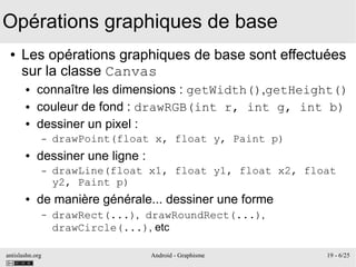 antislashn.org Android - Graphisme 19 - 6/25
Opérations graphiques de base
● Les opérations graphiques de base sont effectuées
sur la classe Canvas
● connaître les dimensions : getWidth(),getHeight()
● couleur de fond : drawRGB(int r, int g, int b)
● dessiner un pixel :
– drawPoint(float x, float y, Paint p)
● dessiner une ligne :
– drawLine(float x1, float y1, float x2, float
y2, Paint p)
● de manière générale... dessiner une forme
– drawRect(...), drawRoundRect(...),
drawCircle(...), etc
 