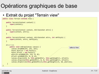 antislashn.org Android - Graphisme 19 - 7/25
Opérations graphiques de base
● Extrait du projet "Terrain view"
public class Terrain extends View {
public Terrain(Context context) {
super(context);
}
public Terrain(Context context, AttributeSet attrs) {
super(context, attrs);
}
public Terrain(Context context, AttributeSet attrs, int defStyle) {
super(context, attrs, defStyle);
}
@Override
public void onDraw(Canvas canvas) {
canvas.drawRGB(255, 255, 255);
Paint pCercle = new Paint();
Paint pTrait = new Paint();
pCercle.setARGB(255, 255, 0, 0);
pTrait.setARGB(255, 0, 0, 0);
canvas.drawLine(0, 0, this.getWidth(), this.getHeight(), pTrait);
canvas.drawLine(this.getWidth(), 0, 0, this.getHeight(), pTrait);
canvas.drawCircle(this.getWidth()/2,this.getHeight()/2, 10, pCercle);
}
}
taille du View
 