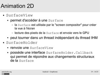 antislashn.org Android - Graphisme 19 - 14/25
Animation 2D
● SurfaceView
● permet d'accéder à une Surface
– la Surface est utilisée par le "screen compositor" pour créer
la vue à l'écran
– lecture des pixels de la Surface et envoie vers le GPU
● peut tourner dans un thread indépendant du thread IHM
● SurfaceHolder
● renvoie une SurfaceView
● possède une interface SurfaceHolder.Callback
qui permet de répondre aux changements structuraux
de la Surface
 
