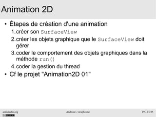 antislashn.org Android - Graphisme 19 - 15/25
Animation 2D
● Étapes de création d'une animation
1.créer son SurfaceView
2.créer les objets graphique que le SurfaceView doit
gérer
3.coder le comportement des objets graphiques dans la
méthode run()
4.coder la gestion du thread
● Cf le projet "Animation2D 01"
 