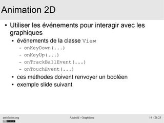 antislashn.org Android - Graphisme 19 - 21/25
Animation 2D
● Utiliser les événements pour interagir avec les
graphiques
● événements de la classe View
– onKeyDown(...)
– onKeyUp(...)
– onTrackBallEvent(...)
– onTouchEvent(...)
● ces méthodes doivent renvoyer un booléen
● exemple slide suivant
 