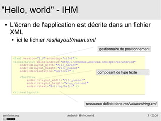 antislashn.org Android - Hello, world 3 - 20/20
"Hello, world" - IHM
● L'écran de l'application est décrite dans un fichier
XML
● ici le fichier res/layout/main.xml
<?xml version="1.0" encoding="utf-8"?>
<LinearLayout xmlns:android="http://schemas.android.com/apk/res/android"
android:layout_width="fill_parent"
android:layout_height="fill_parent"
android:orientation="vertical" >
<TextView
android:layout_width="fill_parent"
android:layout_height="wrap_content"
android:text="@string/hello" />
</LinearLayout>
gestionnaire de positionnement
composant de type texte
ressource définie dans res/values/string.xml
 