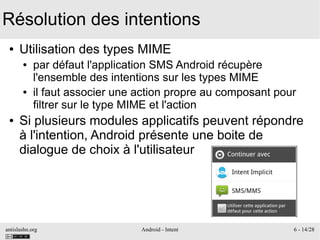 antislashn.org Android - Intent 6 - 14/28
Résolution des intentions
● Utilisation des types MIME
● par défaut l'applicatio...