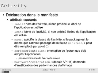 antislashn.org Android - Activity 7 - 5/22
Activity
● Déclaration dans le manifeste
● attributs courants
– label : nom de ...