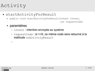 antislashn.org Android - Activity 7 - 15/22
Activity
● startActivityForResult
● public void startActivityForResult(Intent ...