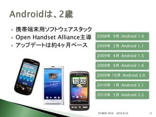    携帯端末用ソフトウェアスタック
   Open Handset Alliance主導   2008年 9月：Android 1.0

   アップデートは約4ヶ月ペース            2009年 2月：Android 1.1

                              2009年 4月：Android 1.5

                              2009年 9月：Android 1.6

                              2009年 10月：Android 2.0

                              2010年 1月：Android 2.1

                              2010年 5月：Android 2.2



                              ET WEST 2010   2010/8/25   11
 