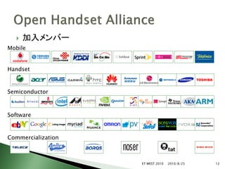    加入メンバー
Mobile


Handset



Semiconductor



Software



Commercialization



                    ET WEST 2010   2010/8/25   12
 