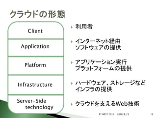    利用者
    Client
                    インターネット経由
 Application         ソフトウェアの提供

  Platform
                    アプリケーション実行
                     プラットフォームの提供

Infrastructure      ハードウェア、ストレージなど
                     インフラの提供
Server-Side
                    クラウドを支えるWeb技術
   technology
                           ET WEST 2010   2010/8/25   19
 