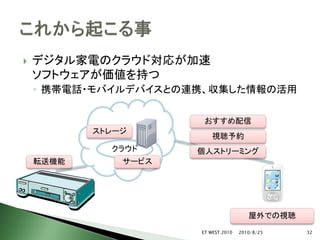    デジタル家電のクラウド対応が加速
    ソフトウェアが価値を持つ
    ◦ 携帯電話・モバイルデバイスとの連携、収集した情報の活用


                       おすすめ配信
           ストレージ
                          視聴予約
             クラウド     個人ストリーミング
    転送機能       サービス




                                        屋外での視聴
                      ET WEST 2010   2010/8/25   32
 
