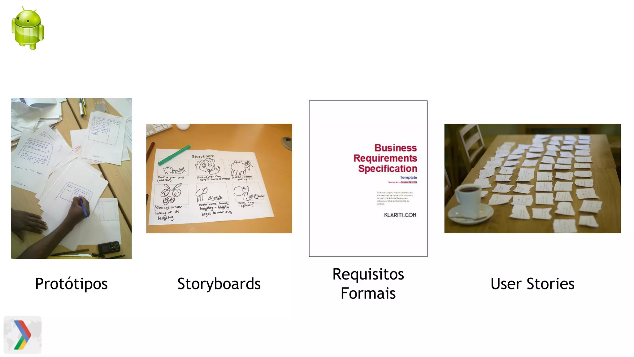 Protótipos Storyboards
Requisitos
Formais
User Stories
 