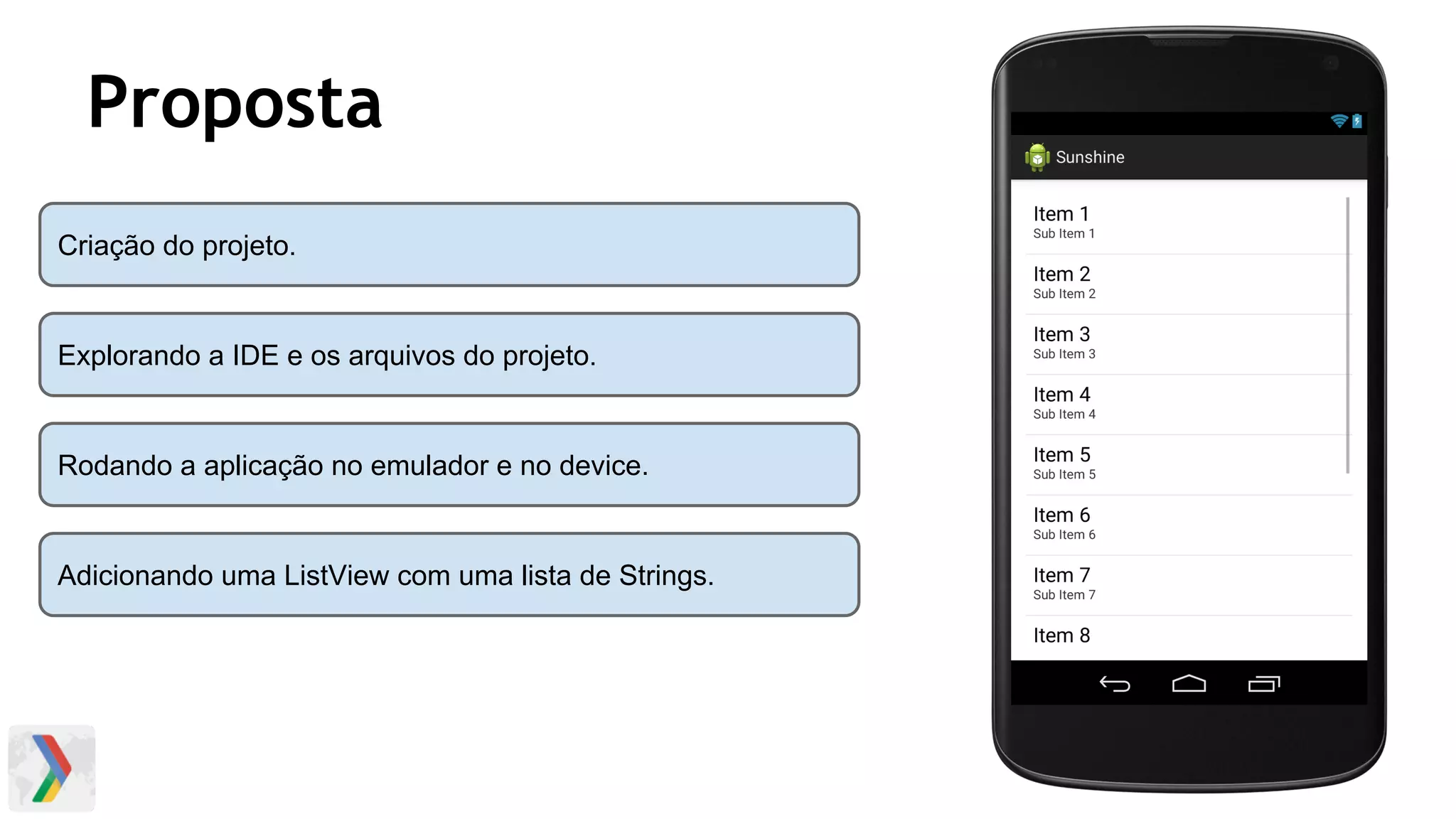 Proposta
Criação do projeto.
Explorando a IDE e os arquivos do projeto.
Rodando a aplicação no emulador e no device.
Adicionando uma ListView com uma lista de Strings.
 