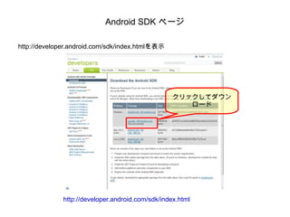 Android SDK ページ http://developer.android.com/sdk/index.htmlを表示 http://developer.android.com/sdk/index.html クリックしてダウンロード 
