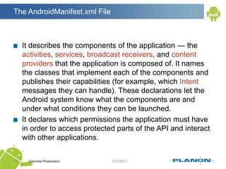 The AndroidManifest.xml FileIt describes the components of the application — the activities, services, broadcast receivers, and content providers that the application is composed of. It names the classes that implement each of the components and publishes their capabilities (for example, which Intent messages they can handle). These declarations let the Android system know what the components are and under what conditions they can be launched.It declares which permissions the application must have in order to access protected parts of the API and interact with other applications.Overview Presentation15