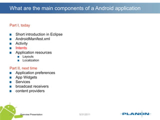 Example AndroidManifest.xml Overview Presentation19<?xml version="1.0" encoding="utf-8"?><manifest xmlns:android="http://schemas.android.com/apk/res/android"      package="eu.laracker"android:versionCode="1"android:versionName="1.0">    <uses-sdkandroid:minSdkVersion="7" />    <application android:icon="@drawable/icon" android:label="@string/app_name">        <activity android:name=".SuperSocial"android:label="@string/app_name">            <intent-filter>                <action android:name="android.intent.action.MAIN" />                <category android:name="android.intent.category.LAUNCHER" />            </intent-filter>        </activity>    </application></manifest>