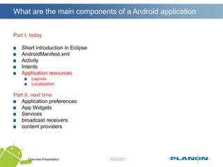 Using Intents to Launch Other Applications samplesOverview Presentation27Launching the built-in web browser and supplying a URL addressImplicit Intents:Uri address = Uri.parse(“http://www.planon-fm.com”);Intent surf = new Intent(Intent.ACTION_VIEW, address);startActivity(surf);AndroidManifest.xml<uses-permissionandroid:name="android.permission.INTERNET" />Which browser is openend is unknown, Android OS looks at the registered intend filters.