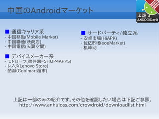 中国のAndroidマーケット

■ 通信キャリア系                   ■ サードパーティ/独立系
- 中国移動(Mobile Market)       - 安卓市場(HiAPK)
- 中国聯通(沃商店)                 - 优亿市场(eoeMarket)
- 中国電信(天翼空間)                - 机峰网

■ デバイスメーカー系
- モトローラ(智件園=SHOP4APPS)
- レノボ(Lenovo Store)
- 酷派(Coolmart超市)




   上記は一部のみの紹介です。その他を確認したい場合は下記ご参照。
    http://www.anhuioss.com/crowdroid/downloadlist.html
 