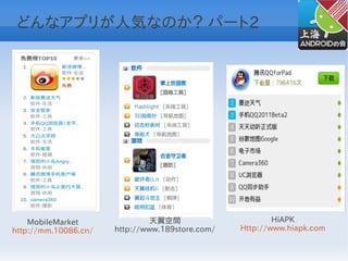 どんなアプリが人気なのか？ パート2




    MobileMarket               天翼空間                      HiAPK
http://mm.10086.cn/   http://www.189store.com/   Http://www.hiapk.com
 