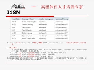I18N 如： values- zh - rCN /strings.xml ( 用 语言 _r 地区 的形式 ) values/strings.xml  文件夹名是变化的，文件名不变 res/ drawable   在之前的版本中，只有一个 drawable ，而 2.1 版本以后有 drawable-mdpi 、 drawable-ldpi 、 drawable-hdpi 三个，这三个主要是为了支持多分辨率。 1.drawable- hdpi 里面存放 高分辨率 的图片 , 如 WVGA (480x800),FWVGA (480x854) 2.drawable- mdpi 里面存放 中等分辨率 的图片 , 如 HVGA (320x480) 3.drawable- ldpi 里面存放 低分辨率 的图片 , 如 QVGA (240x320) 系统会根据机器的分辨率来分别到这几个文件夹里面去找对应的图片。在开发程序时为了兼容不同平台不同屏幕，建议各自文件夹根据需求均存放不同版本图片 