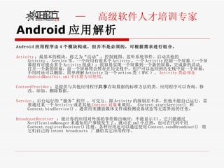 Android 应用解析 Android 应用程序由 4 个模块构成，但并不是必须的，可根据需求进行组合。 Activity ：最基本的模块，称之为“活动”；控制视图、监听系统事件、启动其他的 Activity 、 Service 等。一个应用有很多个 Activity ，一个 Activity 控制一个屏幕（一个屏幕很有可能由多个 Activity 组成）；很容易实现一个屏幕到一个新的屏幕，完成新的活动。打开一个新的屏幕，前一个屏幕将会暂存在历史栈中，用户可以返回到历史栈中前一个屏幕，不用时还可以删除。简单理解 Activity 为一个 action 类（ MVC ）。 Activity 类必须在 AndroidManifest.xml 中注册方可使用 。 ContentProvider ：是提供与其他应用程序 共享 存取数据的标准方法的类。应用程序可以查询、修改、添加、删除数据。 Service ：后台运行的“服务”程序 ，可交互。跟 Activity 的级别差不多，但他不能自己运行，需要通过某一个 Activity 或者其他 Context 对象 来调用，  Context.startService()  和  Context.bindService() 。通常用来播放媒体文件或检测设备状态等无需界面的任务。 BroadcastReceiver   ：能让你的应用对外部的事件做出响应；不能显示 UI ，它只能通过 NotificationManager 来通知用户事情发生了。既可在 xml 中注册，也可在代码中用 Context.registerReceiver() 注册。各种应用还可以通过使用 Context.sendBroadcast()  将它们自己的 intent broadcasts  广播给其它应用程序。 