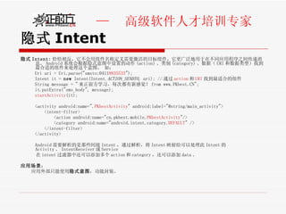 隐式 Intent 隐式 Intent: 恰恰相反，它不会用组件名称定义需要激活的目标组件，它更广泛地用于在不同应用程序之间传递消息。 Android 系统会根据隐式意图中设置的动作 (action) 、类别 (category) 、数据（ URI 和数据类型）找到最合适的组件来处理这个意图。 如：  Uri uri = Uri. parse ("smsto:0411 8835533 ");  Intent it =  new  Intent(Intent. ACTION_SENDTO , uri); // 通过 action 和 URI 找到最适合的组件 String message = " 来正前方学习，每次都有新感觉！ from www.PKbest.CN"; it.putExtra("sms_body", message);  startActivity (it); <activity android:name=". PKbestActivity " android:label="@string/main_activity"> <intent-filter> <action android:name="cn.pkbest.mobile. PKbestActivity "/> <category android:name="android.intent.category. DEFAULT " /> </intent-filter> </activity>  Android 需要解析的是那些间接 Intent ，通过解析，将 Intent 映射给可以处理此 Intent 的 Activity 、 IntentReceiver 或 Service  在 intent 过滤器中还可以添加多个 action 和 category ，还可以添加 data 。 应用场景 ： 应用外部只能使用 隐式意图 ，功能封装。 
