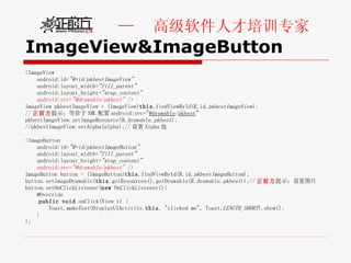 ImageView&ImageButton <ImageView android:id= "@+id/pkbestImageView" android:layout_width= "fill_parent"   android:layout_height= "wrap_content"   android:src= "@drawable/pkbest"  /> ImageView pkbestImageView = (ImageView) this .findViewById(R.id. pkbestImageView ); // 正前方 提示：等价于 XML 配置 android:src=" @drawable / pkbest " pkbestImageView.setImageResource(R.drawable. pkbest );  //pkbestImageView.setAlpha(alpha);// 设置 Alpha 值 <ImageButton android:id= "@+id/pkbestImageButton" android:layout_width= "fill_parent"   android:layout_height= "wrap_content"   android:src= "@drawable/pkbest"  /> ImageButton button = (ImageButton) this .findViewById(R.id. pkbestImageButton ); button.setImageDrawable( this .getResources().getDrawable(R.drawable. pkbest ));// 正前方 提示：设置图片  button.setOnClickListener( new  OnClickListener(){  @Override public   void  onClick(View v) {  Toast. makeText (DisplayUIActivity. this , "clicked me", Toast. LENGTH_SHORT ).show(); }  ); 