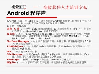 Android 程序库 Android  包含一些 C/C++ 库，这些库能被 Android 系统中不同的组件使用。它们通过  Android  应用程序框架为开发者提供服务。 以下是一些 核心库 ： 系统  C  库  ：一个从  BSD  继承来的标准  C  系统函数库（  libc  ）， 它是专门为基于  embedded linux  的设备定制的。  媒体库  ：基于  PacketVideo OpenCORE ；该库支持多种常用的音频、视频格式回放和录制，同时支持静态图像文件。编码格式包括 MPEG4 、 H.264 、  MP3 、 AAC 、 AMR 、 JPG 、 PNG 。  Surface Manager   ：对显示子系统的管理，并且为多个应用程序提供了 2D 和 3D 图层的无缝融合。  LibWebCore   ：一个最新的 web 浏览器引擎，支持 Android 浏览器和一个可嵌入的 web 视图。  SGL   ：底层的 2D 图形引擎  3D libraries   ：基于 OpenGL ES 2.0 APIs 实现；该库可以使用硬件  3D 加速（如果可用）或者使用高度优化的 3D 软加速。  FreeType   ：位图（ bitmap ）和矢量（ vector ）字体显示。  SQLite   ： 一个对于所有应用程序可用，功能强劲的轻型关系型数据库引擎。  