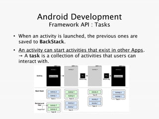 Android Development
                 Framework API : Tasks
●
    When an activity is launched, the previous ones are
    saved to BackStack.
●
    An activity can start activities that exist in other Apps.
    → A task is a collection of activities that users can
    interact with.
 