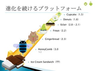    Cupcake（1.5）

                                  Donuts（1.6）

                              Eclair（2.0 – 2.1）

                       Froyo（2.2）


                Gingerbread（2.3）



          HoneyComb（3.0
           ～）



   Ice Cream Sandwich（???）
 
