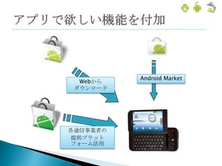 Android Market
  Webから
 ダウンロード




各通信事業者の
 提供プラット
 フォーム活用
 