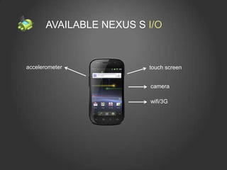 AVAILABLE NEXUS S I/O



accelerometer            touch screen


                         camera

                         wifi/3G
 