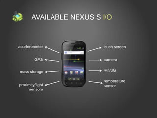 AVAILABLE NEXUS S I/O



accelerometer            touch screen


         GPS             camera

mass storage             wifi/3G

                         temperature
proximity/light          sensor
      sensors
 