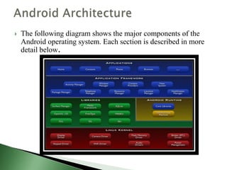    The following diagram shows the major components of the
    Android operating system. Each section is described in more
    detail below.
 