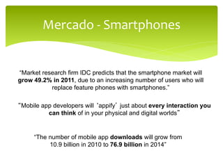 Mercado	
  -­‐	
  Smartphones	
  


“Market research firm IDC predicts that the smartphone market will
grow 49.2% in 2011, due to an increasing number of users who will
           replace feature phones with smartphones.”

“Mobile app developers will ‘appify’ just about every interaction you
          can think of in your physical and digital worlds”


     “The number of mobile app downloads will grow from
          10.9 billion in 2010 to 76.9 billion in 2014”
 