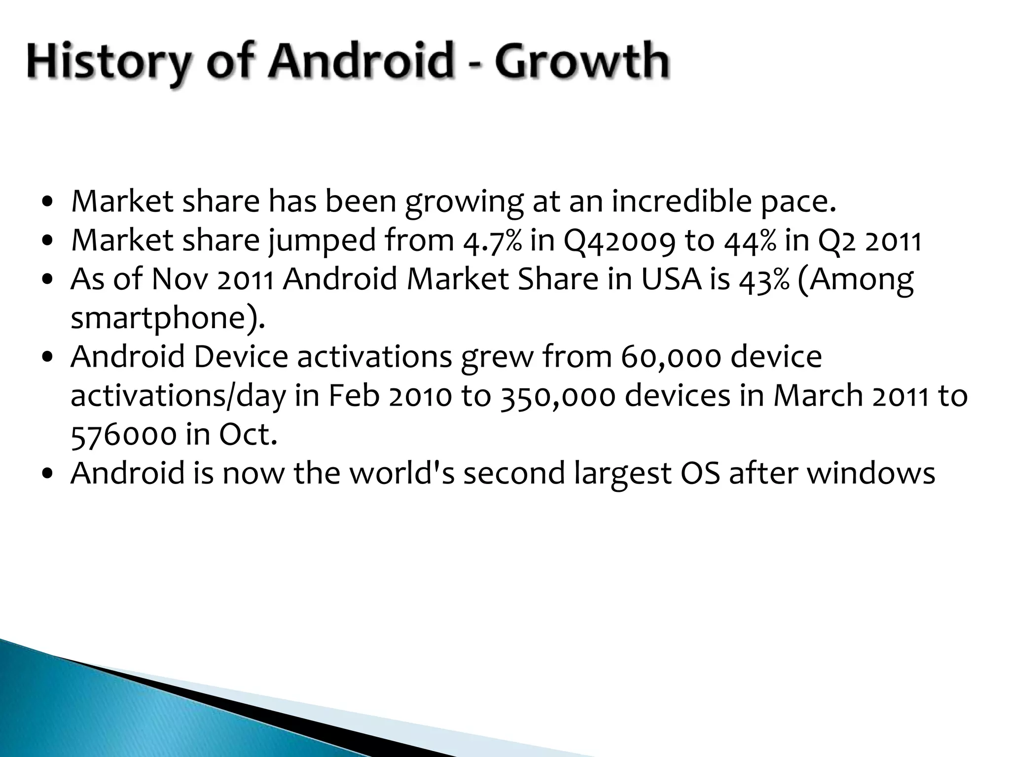 • Market share has been growing at an incredible pace.
• Market share jumped from 4.7% in Q42009 to 44% in Q2 2011
• As of Nov 2011 Android Market Share in USA is 43% (Among
  smartphone).
• Android Device activations grew from 60,000 device
  activations/day in Feb 2010 to 350,000 devices in March 2011 to
  576000 in Oct.
• Android is now the world's second largest OS after windows
 