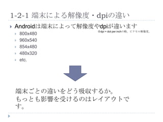 1-2-1 端末による解像度・dpiの違い
   Androidは端末によって解像度やdpiが違います
                     ※dpi = dot per inchの略。ピクセル解像度。
       800x480
       960x540
       854x480
       480x320
       etc.




    端末ごとの違いをどう吸収するか。
    もっとも影響を受けるのはレイアウトで
    す。
 