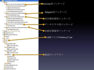 Activity用パッケージ


 Adapter用パッケージ

 非同期処理用パッケージ

 データクラス用パッケージ

 永続化関連用パッケージ

  Lib配下にはTwitter4Jのjar




 画面のレイアウト
 