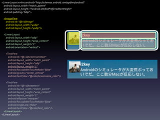 <LinearLayout xmlns:android="http://schemas.android.com/apk/res/android"
  android:layout_width="match_parent"
  android:layout_height="?android:attr/listPreferredItemHeight"
  android:padding="6dip" >

 <ImageView
   android:id="@+id/image"
   android:layout_width="40dip"
   android:layout_height="40dip" />

 <LinearLayout
   android:layout_width="0dip"
   android:layout_height="wrap_content"
   android:layout_weight="1"
   android:orientation="vertical" >

   <TextView
     android:id="@+id/screennametext"
     android:layout_width="match_parent"
     android:layout_height="0dip"
     android:layout_weight="1"
     android:focusableInTouchMode="false"
     android:gravity="center_vertical"
     android:textColor="@color/screenname_color" />

    <TextView
      android:id="@+id/tweettext"
      android:layout_width="match_parent"
      android:layout_height="wrap_content"
      android:layout_weight="1"
      android:ellipsize="marquee"
      android:focusableInTouchMode="false"
      android:singleLine="false"
      android:textColor="@color/text_color" />
  </LinearLayout>
</LinearLayout>
 