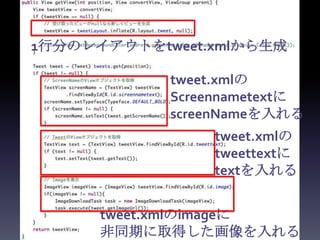 1行分のレイアウトをtweet.xmlから生成

            tweet.xmlの
            Screennametextに
            screenNameを入れる
                tweet.xmlの
                tweettextに
                textを入れる


      tweet.xmlのimageに
      非同期に取得した画像を入れる
 