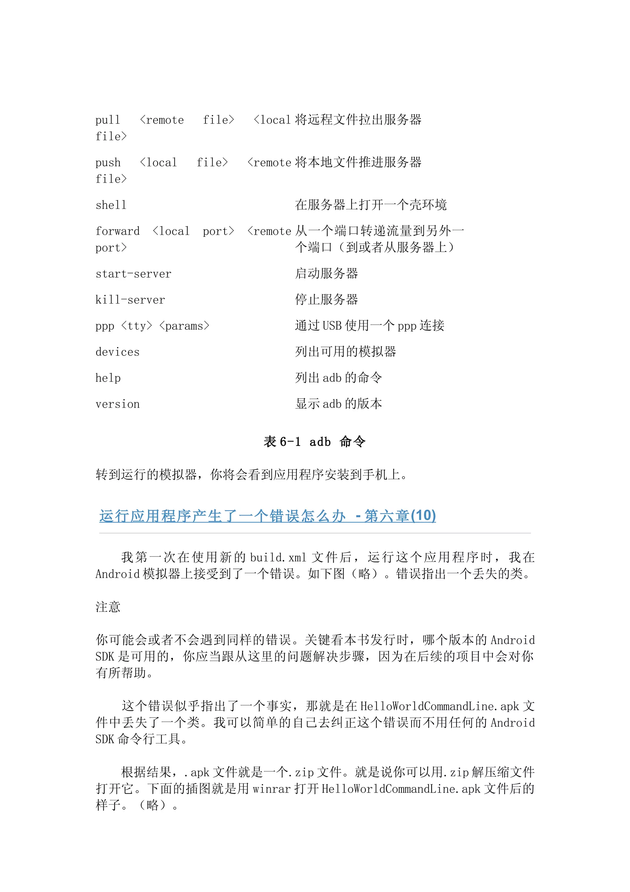 pull <remote    file>   <local 将远程文件拉出服务器
file>

push <local    file>    <remote 将本地文件推进服务器
file>

shell                       在服务器上打开一个壳环境

forward <local port> <remote 从一个端口转递流量到另外一
port>                        个端口（到或者从服务器上）

start-server                启动服务器

kill-server                 停止服务器

ppp <tty> <params>          通过 USB 使用一个 ppp 连接

devices                     列出可用的模拟器

help                        列出 adb 的命令

version                     显示 adb 的版本

                         表 6-1 adb 命令

转到运行的模拟器，你将会看到应用程序安装到手机上。


运行应用程序产生了一个错误怎么办 - 第六章 (10)

    我 第 一 次 在 使 用 新 的 build.xml 文 件 后 ， 运 行 这 个 应 用 程 序 时 ， 我 在
Android 模拟器上接受到了一个错误。如下图（略）。错误指出一个丢失的类。

注意

你可能会或者不会遇到同样的错误。关键看本书发行时，哪个版本的 Android
SDK 是可用的，你应当跟从这里的问题解决步骤，因为在后续的项目中会对你
有所帮助。

    这个错误似乎指出了一个事实，那就是在 HelloWorldCommandLine.apk 文
件中丢失了一个类。我可以简单的自己去纠正这个错误而不用任何的 Android
SDK 命令行工具。

  根据结果，.apk 文件就是一个.zip 文件。就是说你可以用.zip 解压缩文件
打开它。下面的插图就是用 winrar 打开 HelloWorldCommandLine.apk 文件后的
样子。（略）。
 