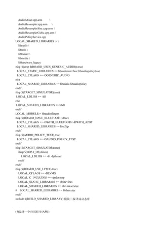 AudioMixer.cpp.arm      
   AudioResampler.cpp.arm    
   AudioResamplerSinc.cpp.arm 
   AudioResamplerCubic.cpp.arm 
   AudioPolicyService.cpp
LOCAL_SHARED_LIBRARIES := 
   libcutils 
   libutils 
   libbinder 
   libmedia 
   libhardware_legacy
ifeq ($(strip $(BOARD_USES_GENERIC_AUDIO)),true)
  LOCAL_STATIC_LIBRARIES += libaudiointerface libaudiopolicybase
  LOCAL_CFLAGS += -DGENERIC_AUDIO
else
  LOCAL_SHARED_LIBRARIES += libaudio libaudiopolicy
endif
ifeq ($(TARGET_SIMULATOR),true)
 LOCAL_LDLIBS += -ldl
else
 LOCAL_SHARED_LIBRARIES += libdl
endif
LOCAL_MODULE:= libaudioflinger
ifeq ($(BOARD_HAVE_BLUETOOTH),true)
  LOCAL_CFLAGS += -DWITH_BLUETOOTH -DWITH_A2DP
  LOCAL_SHARED_LIBRARIES += liba2dp
endif
ifeq ($(AUDIO_POLICY_TEST),true)
  LOCAL_CFLAGS += -DAUDIO_POLICY_TEST
endif
ifeq ($(TARGET_SIMULATOR),true)
   ifeq ($(HOST_OS),linux)
      LOCAL_LDLIBS += -lrt -lpthread
   endif
endif
ifeq ($(BOARD_USE_LVMX),true)
   LOCAL_CFLAGS += -DLVMX
   LOCAL_C_INCLUDES += vendor/nxp
   LOCAL_STATIC_LIBRARIES += liblifevibes
   LOCAL_SHARED_LIBRARIES += liblvmxservice
# LOCAL_SHARED_LIBRARIES += liblvmxipc
endif
include $(BUILD_SHARED_LIBRARY) 模块三编译成动态库



(4)编译一个应用程序(APK)
 