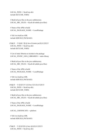 LOCAL_PATH := $(call my-dir)
include $(CLEAR_VARS)

# Build all java files in the java subdirectory
LOCAL_SRC_FILES := $(call all-subdir-java-files)

# Name of the APK to build
LOCAL_PACKAGE_NAME := LocalPackage

# Tell it to build an APK
include $(BUILD_PACKAGE)

(5)编译一个依赖于静态 Java 库(static.jar)的应用程序
 LOCAL_PATH := $(call my-dir)
 include $(CLEAR_VARS)

# List of static libraries to include in the package
LOCAL_STATIC_JAVA_LIBRARIES := static-library

# Build all java files in the java subdirectory
LOCAL_SRC_FILES := $(call all-subdir-java-files)

# Name of the APK to build
LOCAL_PACKAGE_NAME := LocalPackage

# Tell it to build an APK
include $(BUILD_PACKAGE)

(6)编译一个需要用平台的 key 签名的应用程序
 LOCAL_PATH := $(call my-dir)
 include $(CLEAR_VARS)

# Build all java files in the java subdirectory
LOCAL_SRC_FILES := $(call all-subdir-java-files)

# Name of the APK to build
LOCAL_PACKAGE_NAME := LocalPackage

LOCAL_CERTIFICATE := platform

# Tell it to build an APK
include $(BUILD_PACKAGE)



(7)编译一个需要用特定 key 前面的应用程序
 LOCAL_PATH := $(call my-dir)
 