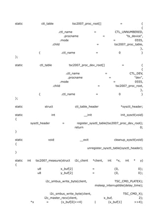 static                ctl_table            tsc2007_proc_root[]                          =            {
                                                                                                     {
                                   .ctl_name                  =                     CTL_UNNUMBERED,
                                       .procname                       =                  "ts_device",
                                     .mode                                        =             0555,
                              .child                               =               tsc2007_proc_table,
                                                                                                    },
                 {                  .ctl_name                     =                   0              }
};

static            ctl_table              tsc2007_proc_dev_root[]                         =        {
                                                                                                  {
                                       .ctl_name                           =              CTL_DEV,
                                         .procname                           =               "dev",
                                    .mode                                      =             0555,
                              .child                               =             tsc2007_proc_root,
                                                                                                 },
                 {                  .ctl_name                     =                0              }
};

static                  struct                ctl_table_header                           *sysctl_header;

static                       int                     __init                              init_sysctl(void)
{
           sysctl_header            =           register_sysctl_table(tsc2007_proc_dev_root);
                                              return                                       0;
}

static                     void                    __exit                         cleanup_sysctl(void)
{
                                                        unregister_sysctl_table(sysctl_header);
}

static   int    tsc2007_measure(struct        i2c_client      *client,      int    *x,       int   *    y)
{
                 u8                x_buf[2]                   =                   {0,                  0};
                 u8                y_buf[2]                   =                   {0,                  0};

                         i2c_smbus_write_byte(client,                          TSC_CMD_PLATEX);
                                                                  msleep_interruptible(delay_time);

                            i2c_smbus_write_byte(client,                              TSC_CMD_X);
                        i2c_master_recv(client,                          x_buf,               2);
           *x             =        (x_buf[0]<<4)               |            (x_buf[1]       >>4);
 