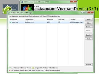 35                              A NDROID V IRTUAL D EVICE (3/3)




     • Celle de gauche permet d'ouvrir les outils du SDK et celle de droite
       permet d'ouvrir l'interface de gestion d'AVD. Cliquez dessus puis sur
       « New... » pour ajouter un nouvel AVD.
 