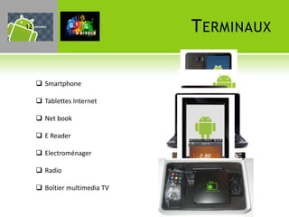 12                             T ERMINAUX


      Smartphone

      Tablettes Internet

      Net book

      E Reader

      Electroménager

      Radio

      Boîtier multimedia TV
 