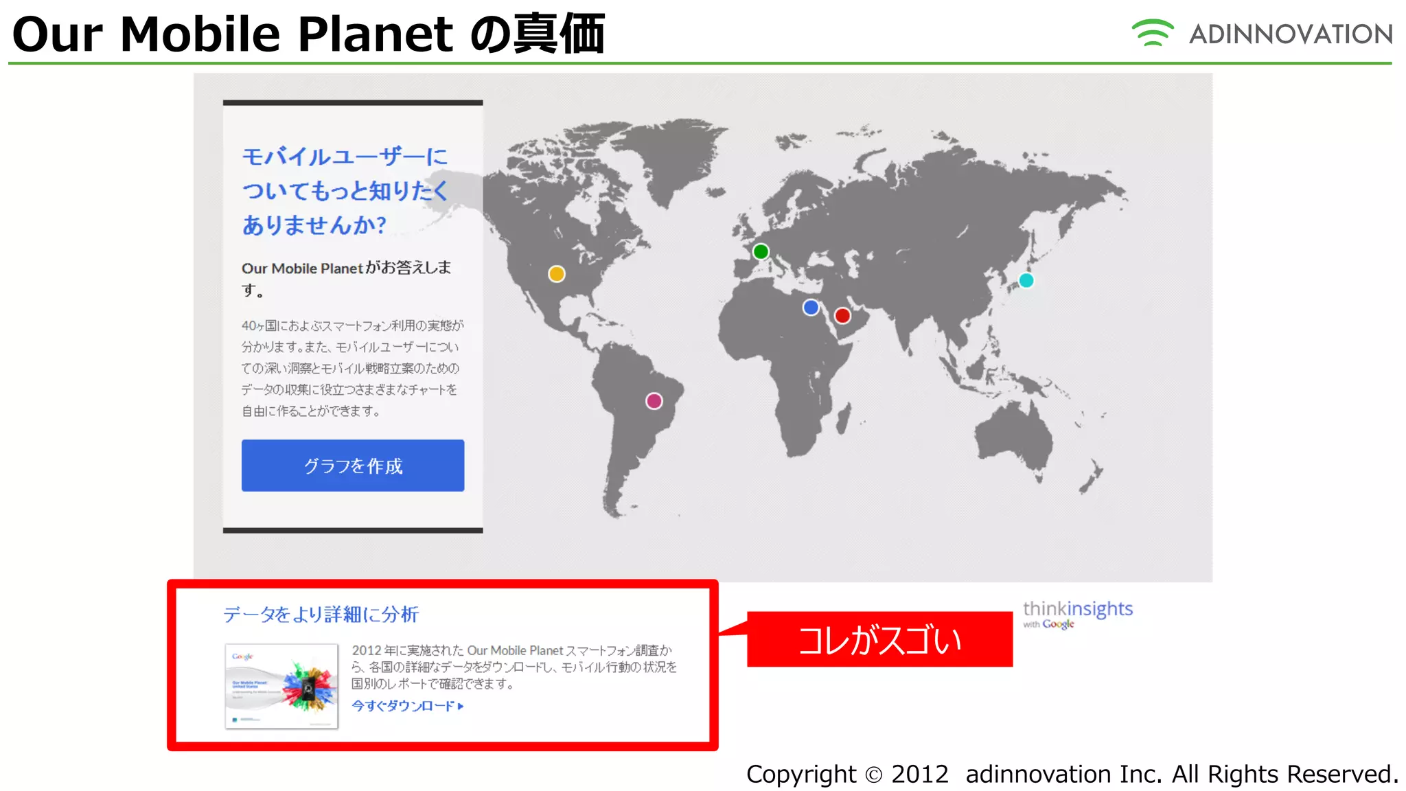 Our Mobile Planet の真価




                            コレがスゴい


                        Copyright  2012 adinnovation Inc. All Rights Reserved.
 