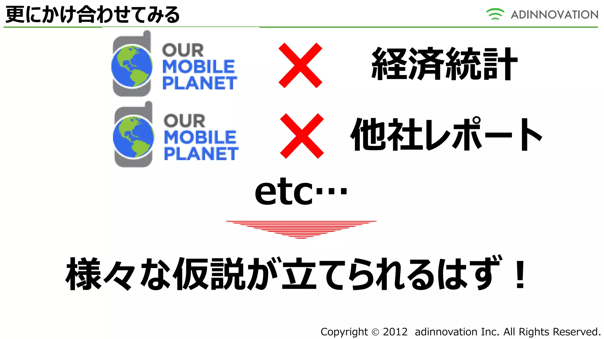 更にかけ合わせてみる

                        経済統計
                    他社レポート
             etc…

   様々な仮説が立てられるはず！
               Copyright  2012 adinnovation Inc. All Rights Reserved.
 