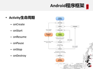Android程序框架

• Activity生命周期
  – onCreate

  – onStart

  – onResume

  – onPause

  – onStop

  – onDestroy
 