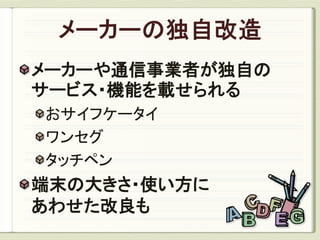 メーカーや通信事業者が独自の
サービス・機能を載せられる
おサイフケータイ
ワンセグ
タッチペン
端末の大きさ・使い方に
あわせた改良も
 