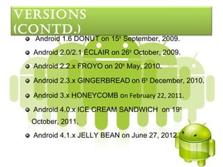verSIonS
(contd.)
   Android 1.6 DONUT on 15th September, 2009.
  Android 2.0/2.1 ÉCLAIR on 26th October, 2009.
  Android 2.2.x FROYO on 20th May, 2010.

  Android 2.3.x GINGERBREAD on 6th December, 2010.

  Android 3.x HONEYCOMB on February 22, 2011.
  Android 4.0.x ICE CREAM SANDWICH on 19th
  October, 2011.
  Android 4.1.x JELLY BEAN on June 27, 2012.
 