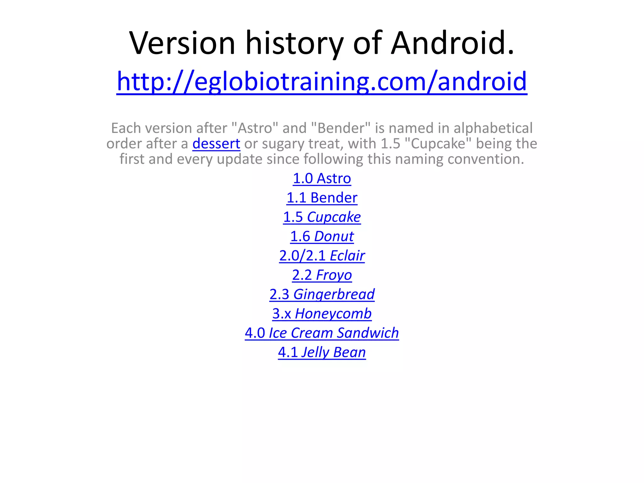 Version history of Android.
 http://eglobiotraining.com/android
 Each version after "Astro" and "Bender" is named in alphabetical
order after a dessert or sugary treat, with 1.5 "Cupcake" being the
  first and every update since following this naming convention.
                              1.0 Astro
                             1.1 Bender
                             1.5 Cupcake
                              1.6 Donut
                            2.0/2.1 Eclair
                              2.2 Froyo
                          2.3 Gingerbread
                           3.x Honeycomb
                      4.0 Ice Cream Sandwich
                            4.1 Jelly Bean
 